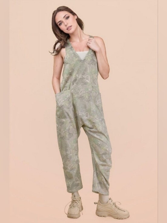 Very J Pants - Very J Newim L Boho Sage Green Camo Print Slouchy Overalls Jumpsuit